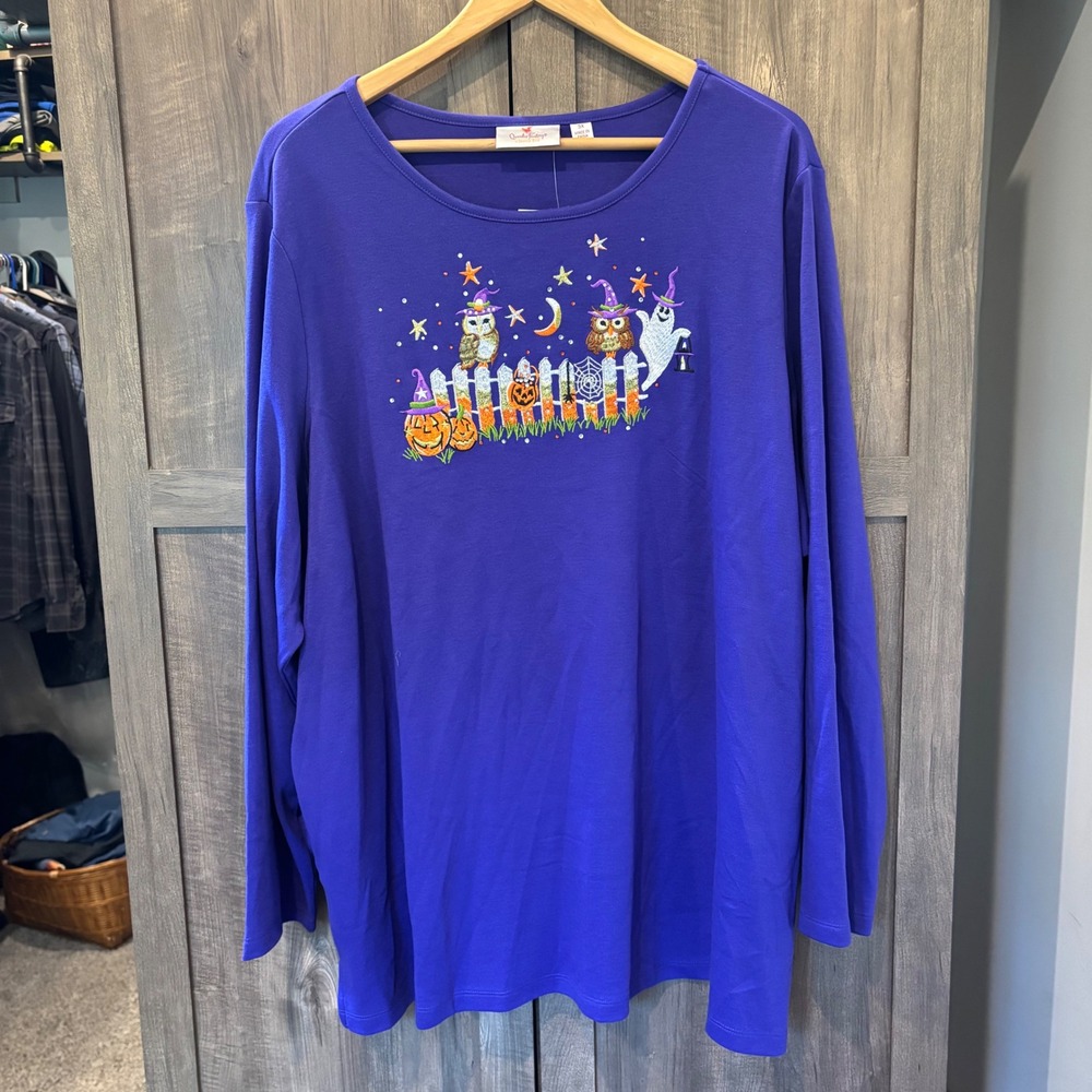 NWT Quacker Factory Womens 3X Purple Halloween Embroidered Rhinestone Top